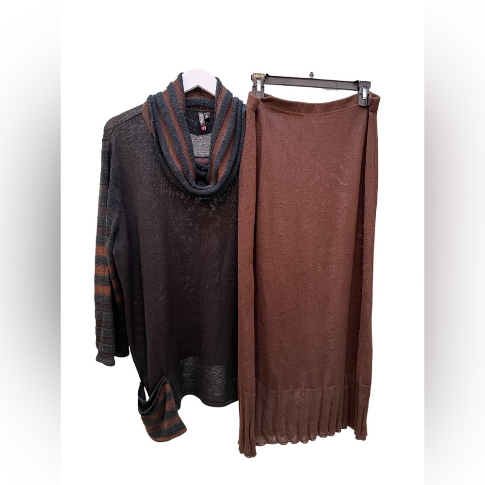 Roni Rabl Black & Brown Knit Skirt Set Turtle Neck Top S/M Skirt L